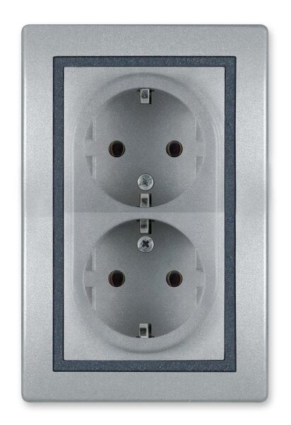 Doppel-Schutzkontaktsteckdose 16A/250V~ (zum Einbau in eine Installationsdose 60mm Ø) inkl.Rahmen (komplett) Silber / Graphit