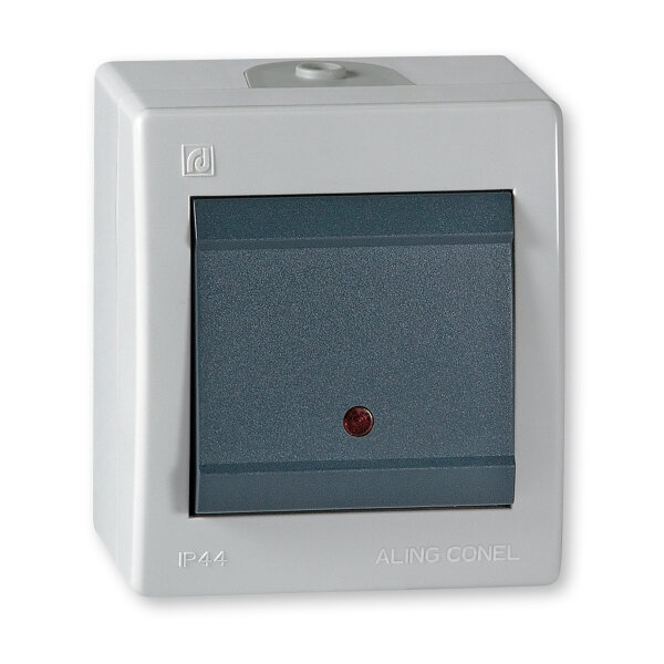 Ein/Aus Aufputz Schalter mit Glimmlampe (Kontrollleuchte) 10AX/250V~ / IP 44 Grau mit Wippe in Anthrazit